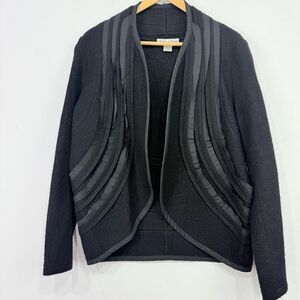 Nikki Valenti 100% Wool Black Ruffle Trim Curve Hem Open Front Cardigan Jacket